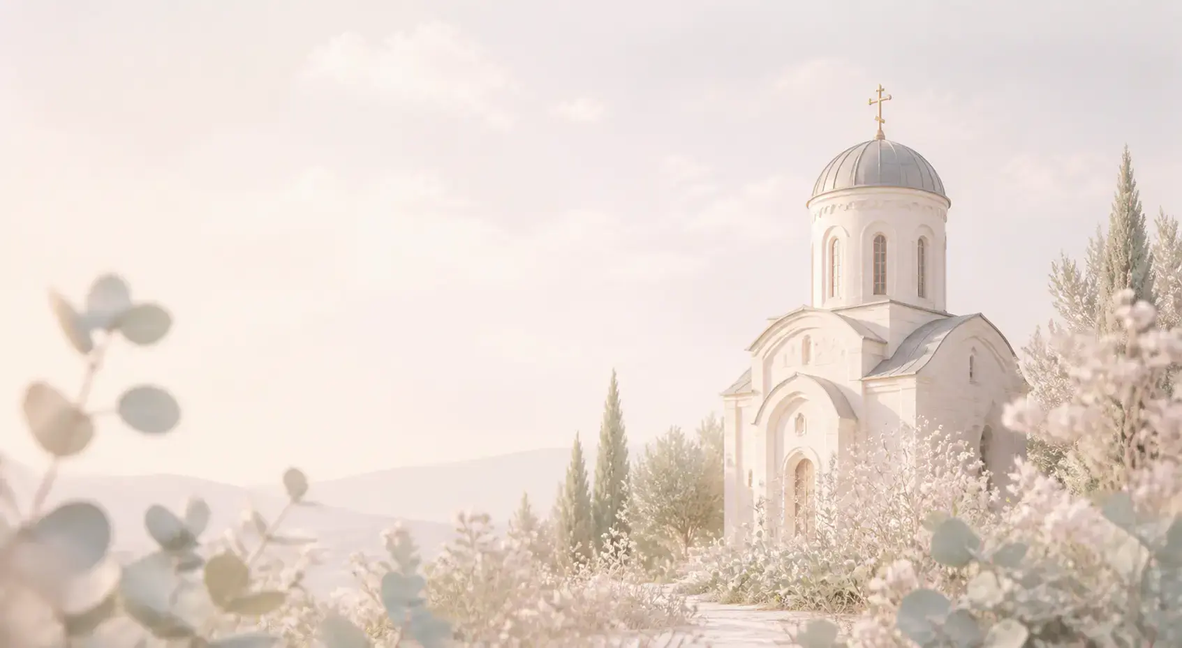 Pastel church artwork surrounded by peaceful natural scenery